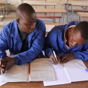 Welding students Liberty Chiwawa and Paddington Miryngweni in a theory class at Domboshawa Mobile Skills Training (Zim)