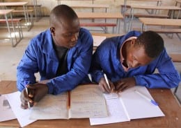 Welding students Liberty Chiwawa and Paddington Miryngweni in a theory class at Domboshawa Mobile Skills Training (Zim)